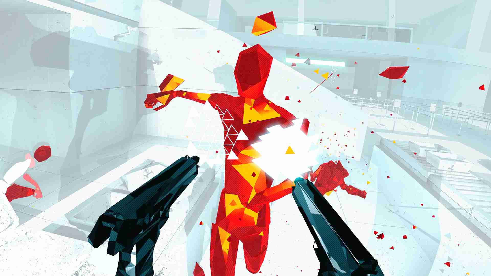 Superhot VR screenshot waarbij de speler twee pistolen op tegenstander richt