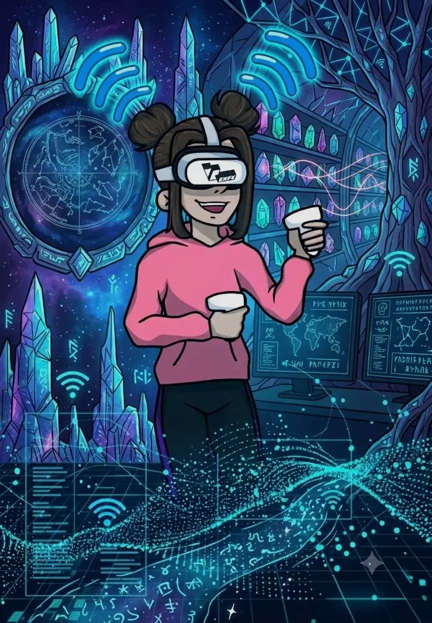 Illustratie van persoon met VR-bril en draadloze signalen