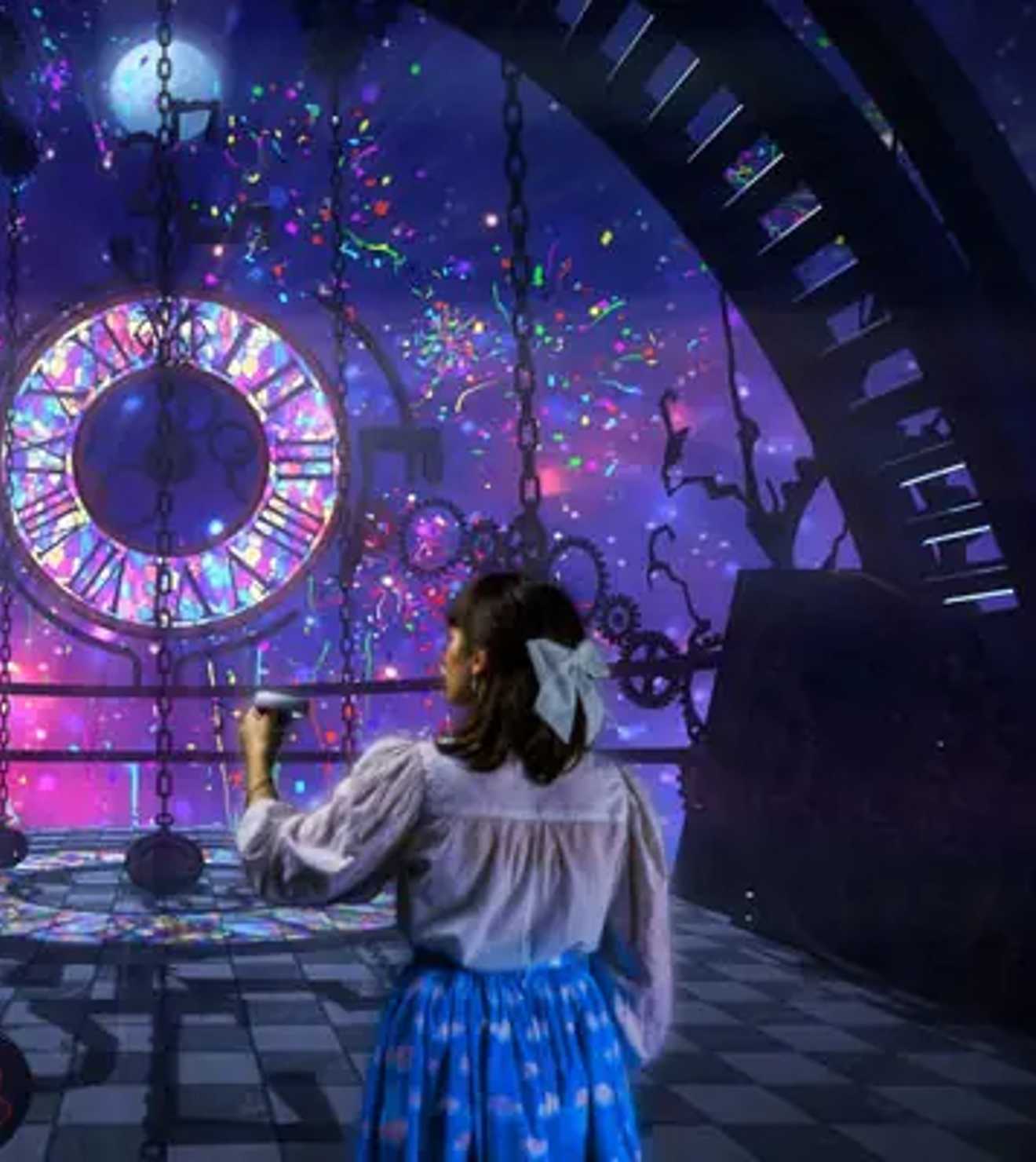 A person looking at a world of Alice in Wonderland in virtual reality